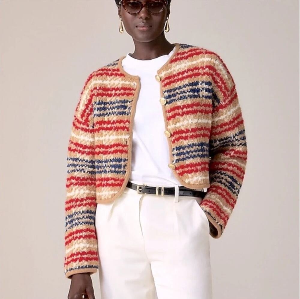 J.Crew Sweater lady jacket in plaid bouclé yarn Medium CE685 preppy office